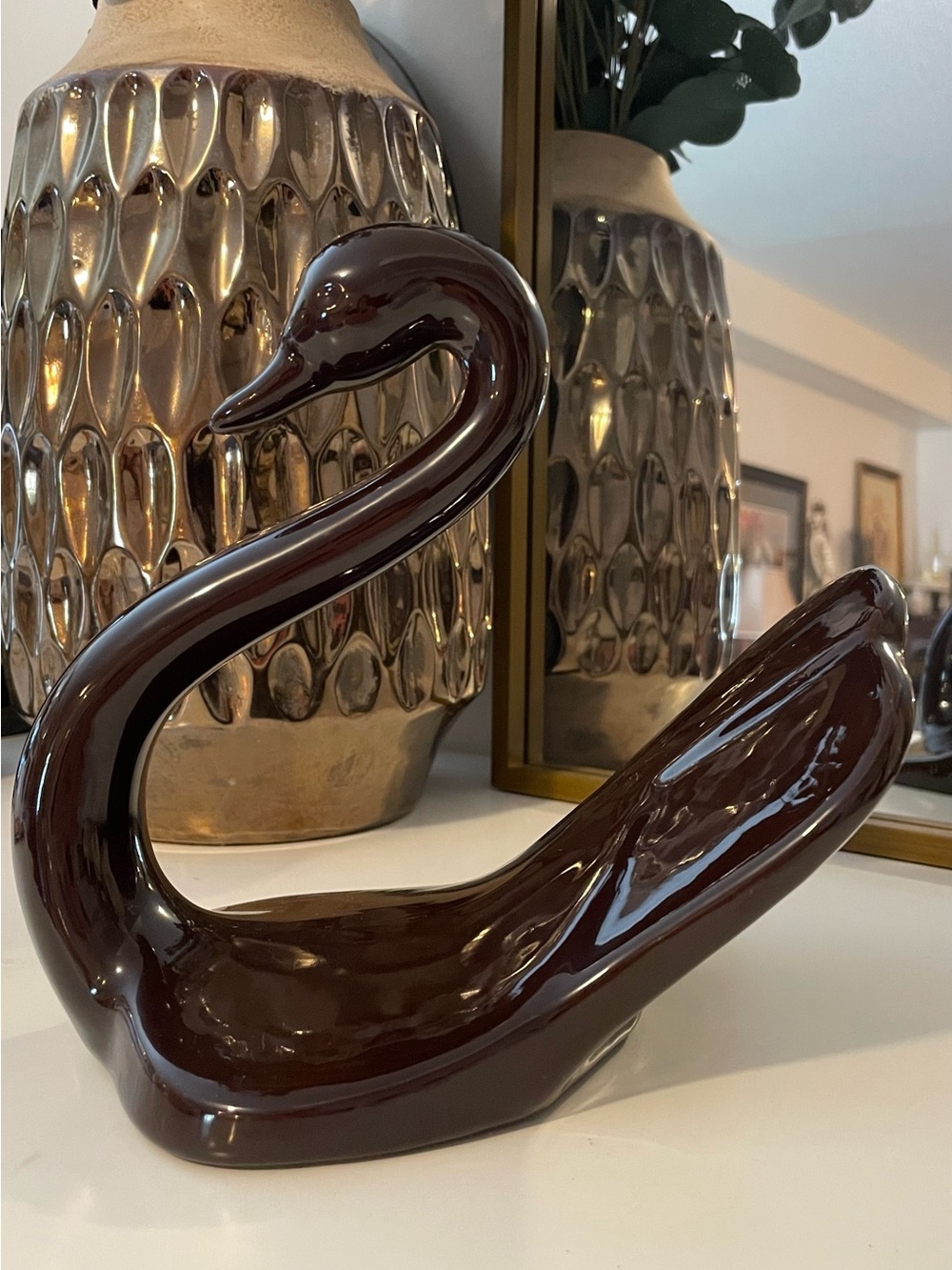 Vintage Ceramic Swan Sculpture - Brown Home Art Accent